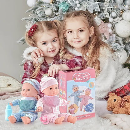 Toy Choi's Twin Puppe Set - 32cm Baby Puppen Für Kleinkinder ab 1 Jahr, mit Strampler und Hut, Schnuller und Puppenlätzchen, weiches Babypuppen Spielzeug Vorschulgeschenk