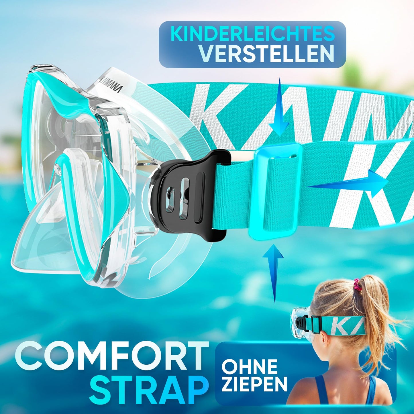 Das Neue KAIMANA® SeaExplorer Schnorchelset Kinder + Tragetasche, Taucherbrille mit Schnorchel, Taucherbrille Kinder, Alternative zur Schnorchelmaske Kinder, Taucherbrille mit Stoffband/Silikonband