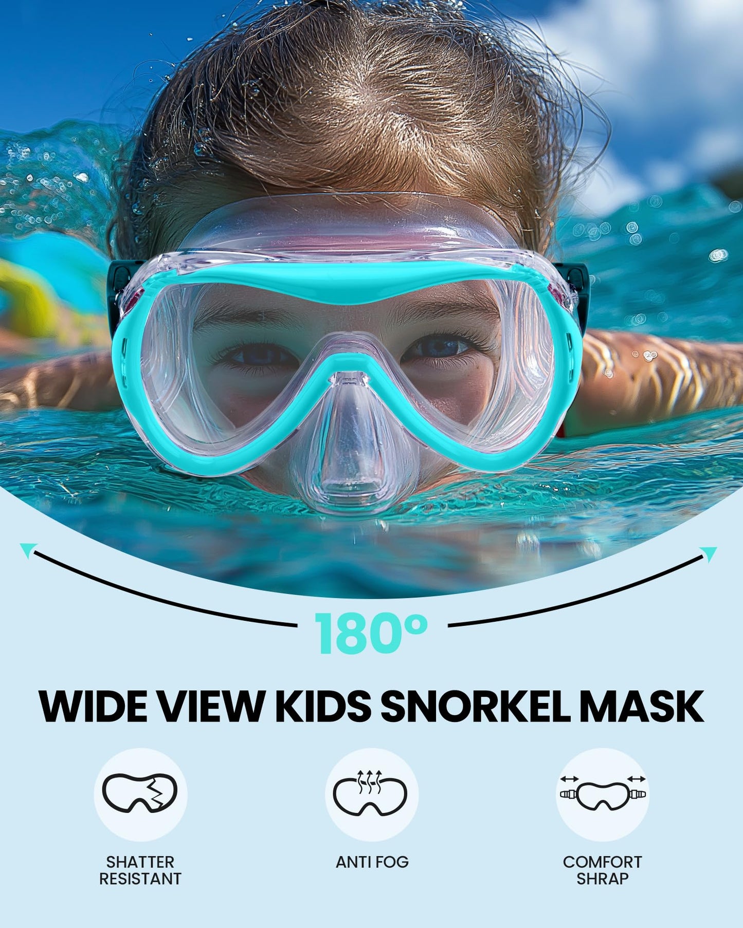 OutdoorMaster Marlin Children's Snorkel Set, Adjustable Strap, Dry Top Diving Mask, Anti-Fog Snorkel Mask, Children's Swimming Goggles for Boys and Girls, Age 4-14