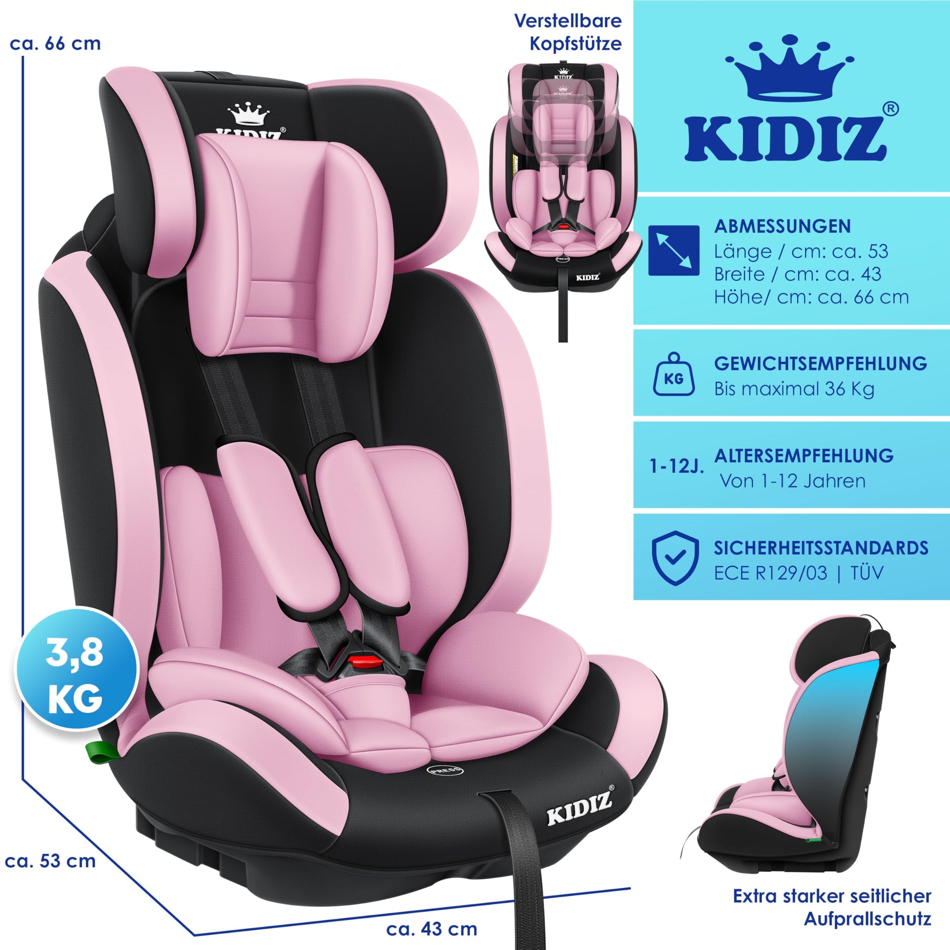 KIDIZ® Autokindersitz Kinderautositz Gruppe 1+2+3 9-36 kg 5-Punkt-Sicherheitsgurt, Autositz, Kindersitz, Einstellbare Kopfstütze, Mitwachsende Sitzerhöhung 1-12 Jahre, Stabil und Sicher - Meloni2