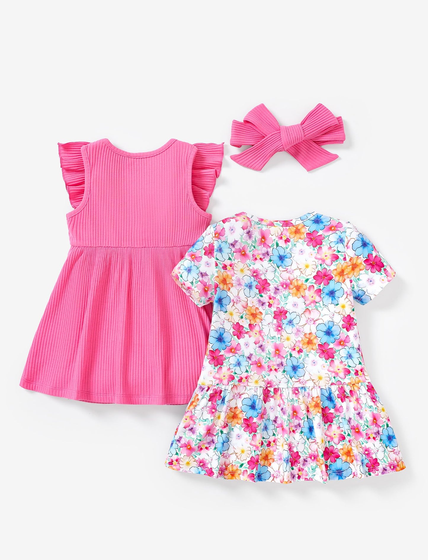 PATPAT Baby Mädchen Kleid Set, Packung mit 2 Süßes Sommerkleider Ärmellos Rüschen Prinzessin Kleider Kurze Ärmel, Kleinkind A-Linien-Kleid für Hochzeit Geburtstag Party Bankett Urlaub, 3-24 Monate