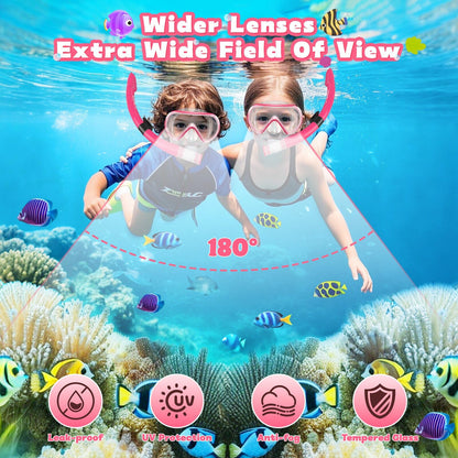 SkrekuiMa Taucherbrille Kinder | Schwimmbrille Kinder Schnorchelmaske Anti-Fog Anti-Leck | Tauchmaske Kinder 180°Panorama HD Tempered Glas für Kinder 4-12 Jahre Jungen Mädchen