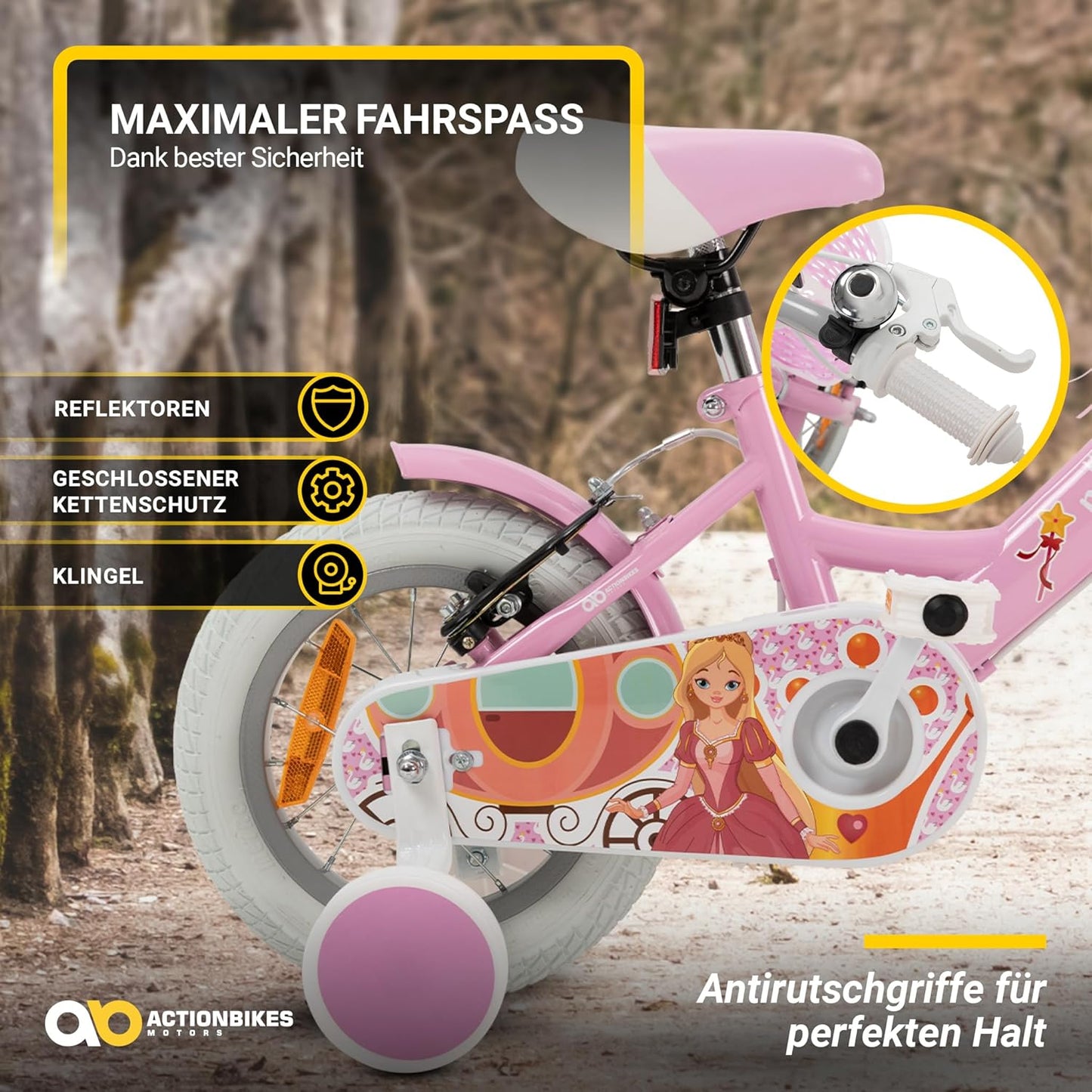Actionbikes Kinderfahrrad Princess | 12 Zoll - V-Brake Bremsen - Fahrrad für Kinder von 2-5 Jahren - Schutzblech v./h. - Kinder Fahrrad für Mädchen & Jungen - Laufrad - Fahrräder - Bicycle - Kinderrad - Meloni2