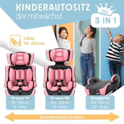 Autokindersitz mit Isofix i-Size R129 100-150cm bis 12 Jahre, Kinderautositz Gruppe 1/2/3, mitwachsender Kindersitz, 5-Punkt-Gurt & höhenverstellbare Kopfstütze, Sitzerhöhung Auto, Schwarz