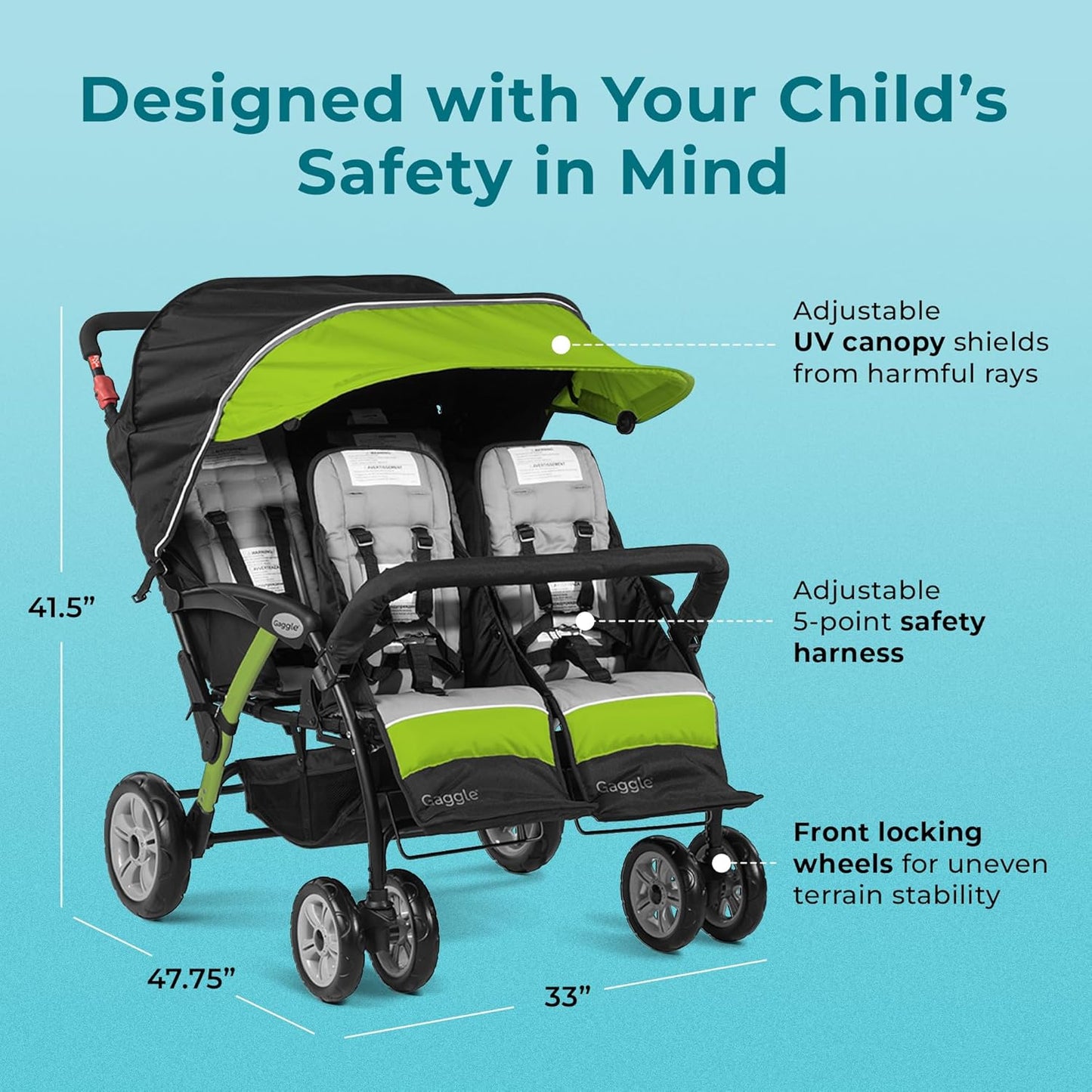 Foundations Sport Quad Pushchair with UV Protection Pram Canopy, 5 Point Harness for Safety, Foot Brake, All Terrain Tubeless Wheels (Lime Green)