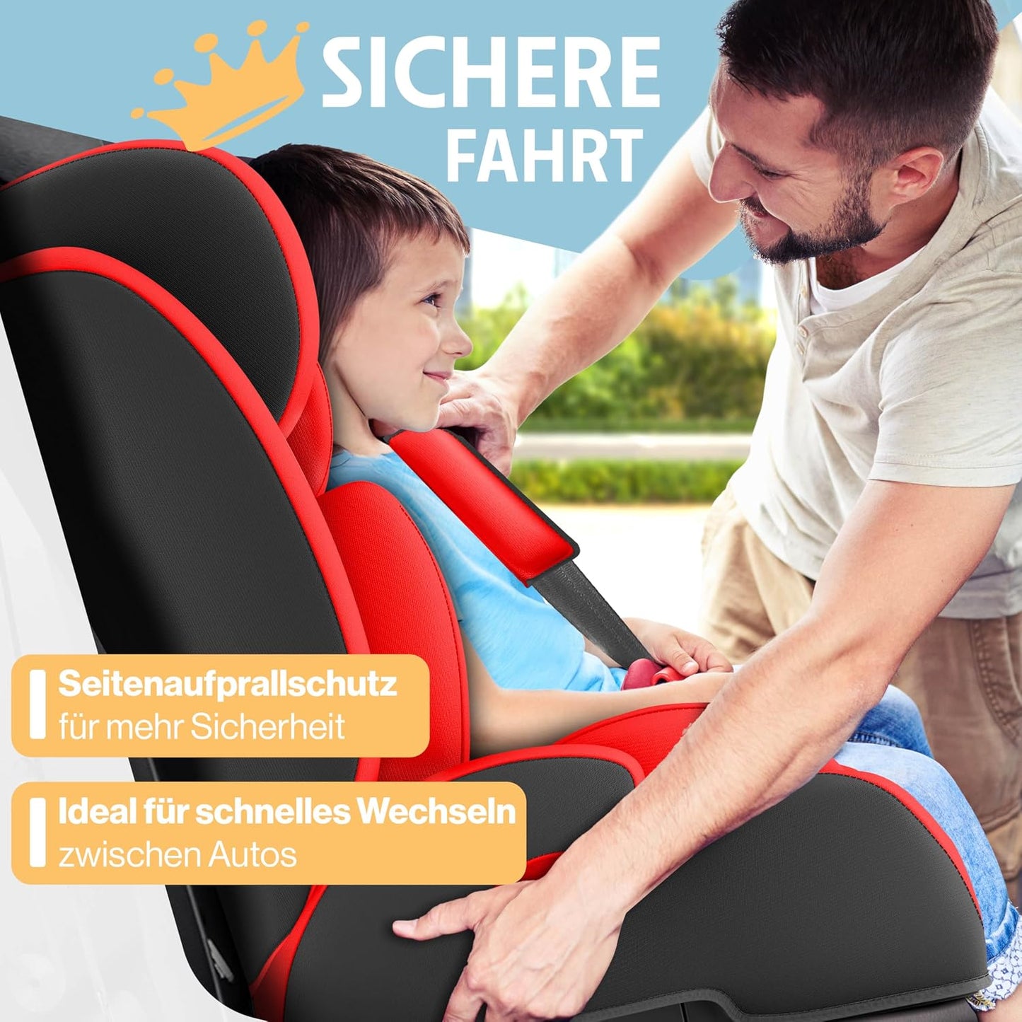 Autokindersitz mit Isofix i-Size R129 100-150cm bis 12 Jahre, Kinderautositz Gruppe 1/2/3, mitwachsender Kindersitz, 5-Punkt-Gurt & höhenverstellbare Kopfstütze, Sitzerhöhung Auto, Schwarz