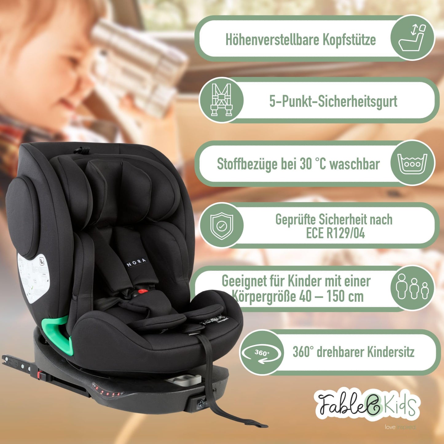 FableKids NORA Kindersitz Grau | 360° drehbarer i-Size Autokindersitz 40–150 cm | Reboarder mit ISOFIX & Stützbein | höhenverstellbare Kopfstütze & Rückenlehne | ECE R129/04 zertifiziert - Meloni2
