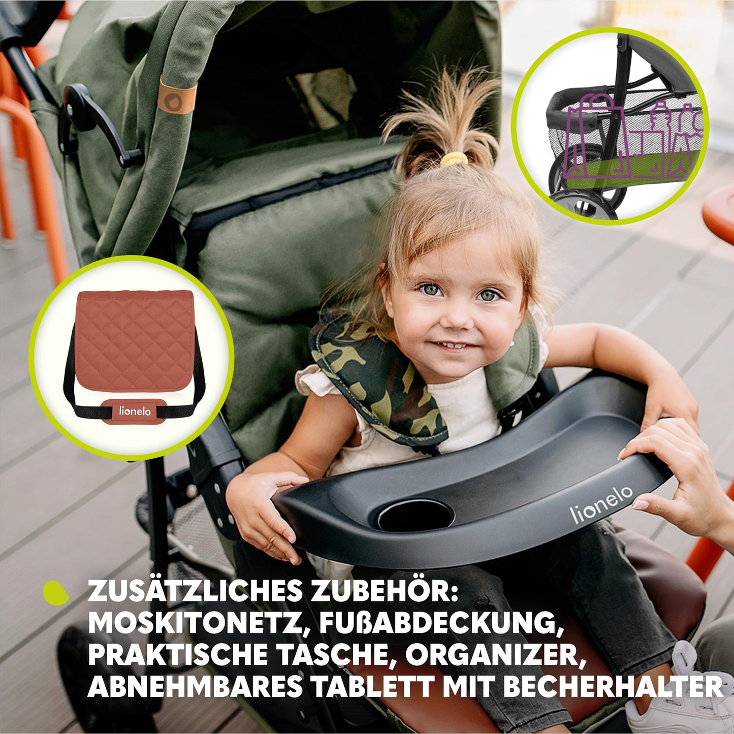 LIONELO Emma Plus Kinderwagen bis zu 15 kg, Kindersportwagen, leicht modern klein Buggy mit Liegeposition, zusammenklappbar, große Räder, großer Korb, Tasche Stone