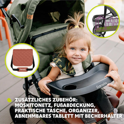 LIONELO Emma Plus Kinderwagen bis zu 15 kg, Kindersportwagen, leicht modern klein Buggy mit Liegeposition, zusammenklappbar, große Räder, großer Korb, Tasche Stone