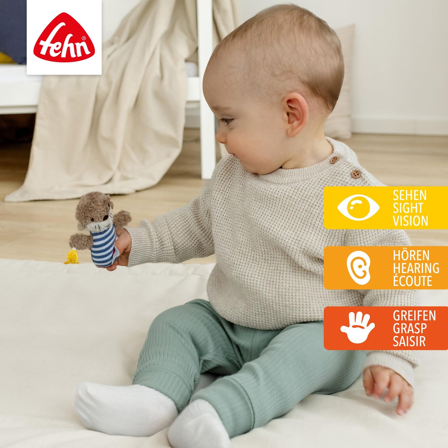 Fehn Mini-Rassel Otter – Mini-Greifling zum Rasseln, Fühlen, Spielen mit kuschelweichem Stoff-Tier – ein treuer Begleiter für Babys und Kleinkinder ab 0+ Monaten