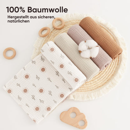 Bearmoss Moltontücher Baby 100% Baumwolle Weiche Spucktücher Baby,Atmungsaktiv und Extrem Saugfähig Musselin Tuch für Saugstark Mulltücher 4er 60x60cm (Brauner Druck)