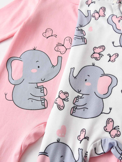 Tearfuty Newborn Girls Elephant Print Long Sleeve Onesie Romper 2 Pack