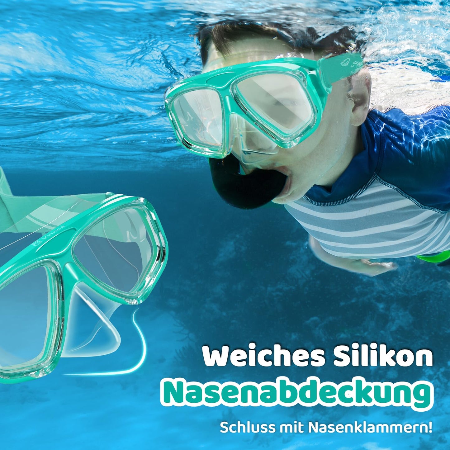 Vvinca Swimming Goggles for Kids with Nose Guard and Fabric Strap, Shatterproof, Anti-Fog and Waterproof for Children 3-14 Years