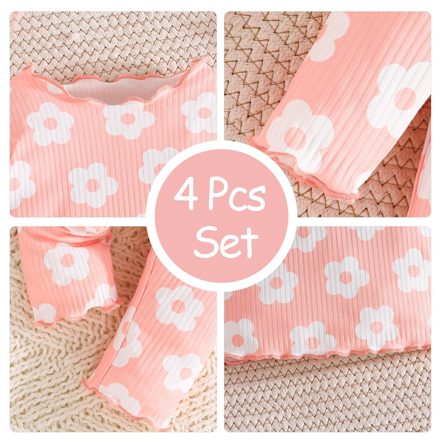 Kleinkind Baby Mädchen Kleidung Set Rüschen gerippt Kurzarm / Langarm T-Shirt Tops + Shorts Hosen 4 Stück Sommer Herbst Süße Outfits Set