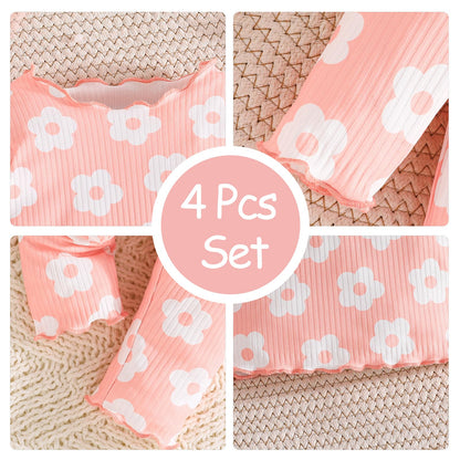 Kleinkind Baby Mädchen Kleidung Set Rüschen gerippt Kurzarm / Langarm T-Shirt Tops + Shorts Hosen 4 Stück Sommer Herbst Süße Outfits Set