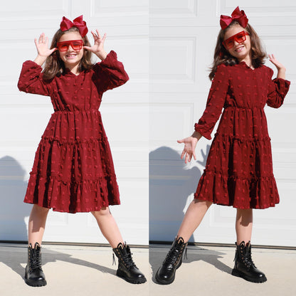 Arshiner Dress Girls Festive Flounce V-Neck Long Sleeve Dress Swiss Dot Chiffon Dress Children Tiered Dress A-Line Party Dress Wedding Princess Dress Swing Skater Dress 5-12 Years 
