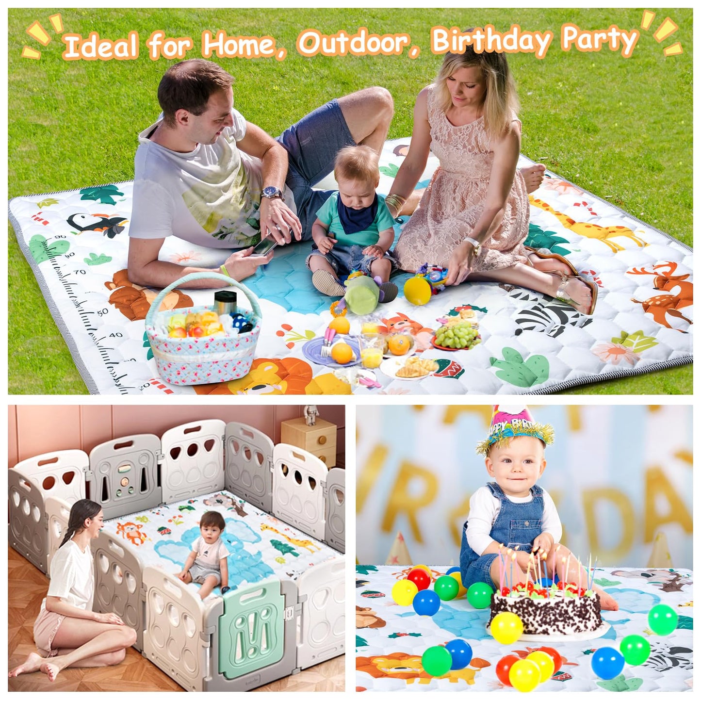 Funsland crawling carpet for babies, non-slip baby play mat, non-toxic 127x127cm, cotton animal crawling mat for babies, foldable with a height ruler, children's play mat for indoors/outdoors/fences 