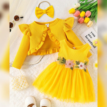 Baby Mädchen Kleid Strickjacke Sets 3 Stück Neugeborene Kleidung Jäckchen + Kleid + Stirnband Frühling Sommer Herbst Winter Langarm Jacke Ärmelloses Kleid für Hochzeit Weihnachten