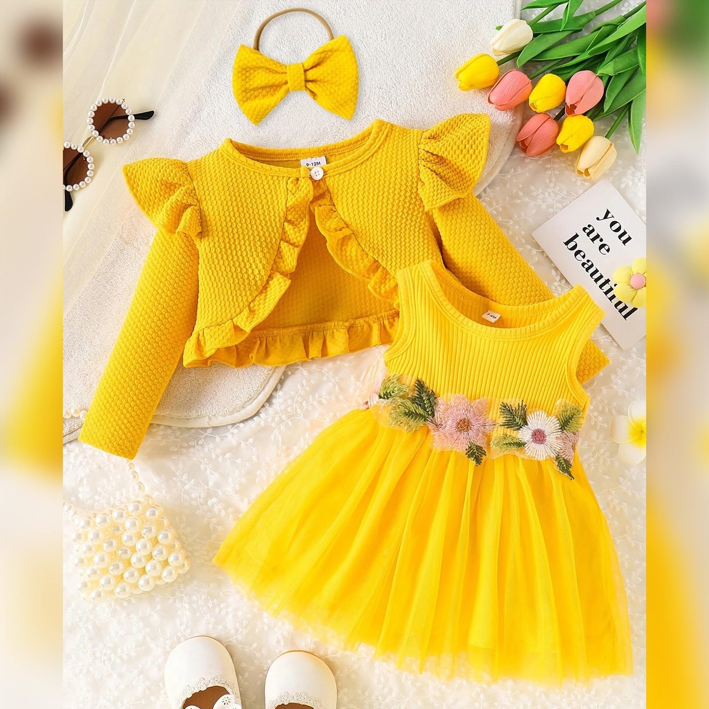 Baby Mädchen Kleid Strickjacke Sets 3 Stück Neugeborene Kleidung Jäckchen + Kleid + Stirnband Frühling Sommer Herbst Winter Langarm Jacke Ärmelloses Kleid für Hochzeit Weihnachten