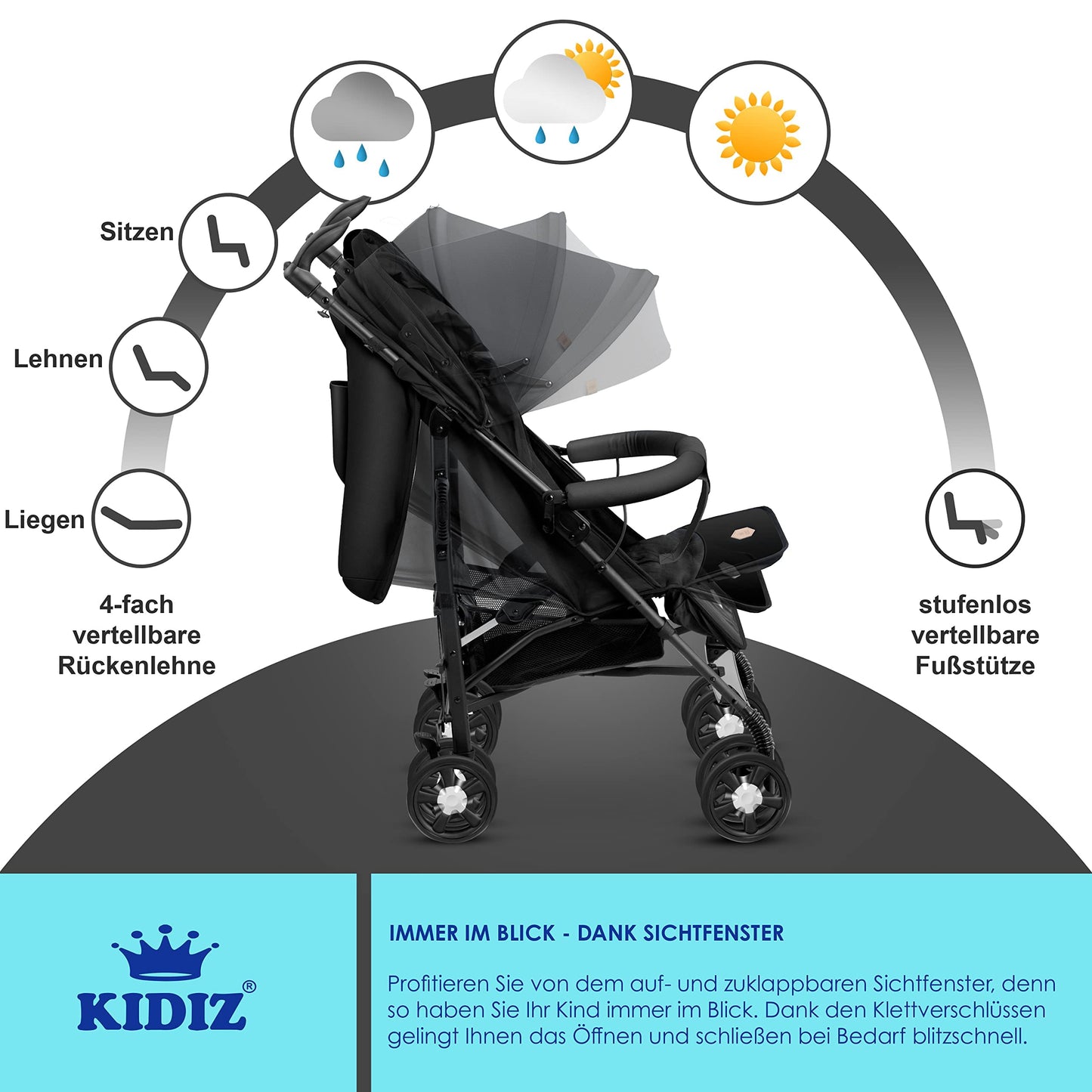 KIDIZ® City-Pro Pushchair Folding Pushchair Pushchair Sports Pushchair Foldable 360° 6 Inch Wheels Includes Mosquito Net, Footmuff and Rain Cover Foldable Sleep Function Blue 