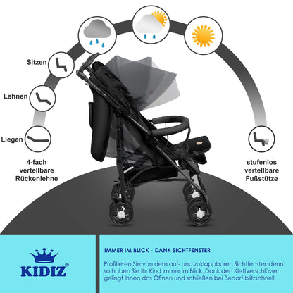 KIDIZ® City-Pro Pushchair Folding Pushchair Pushchair Sports Pushchair Foldable 360° 6 Inch Wheels Includes Mosquito Net, Footmuff and Rain Cover Foldable Sleep Function Blue 