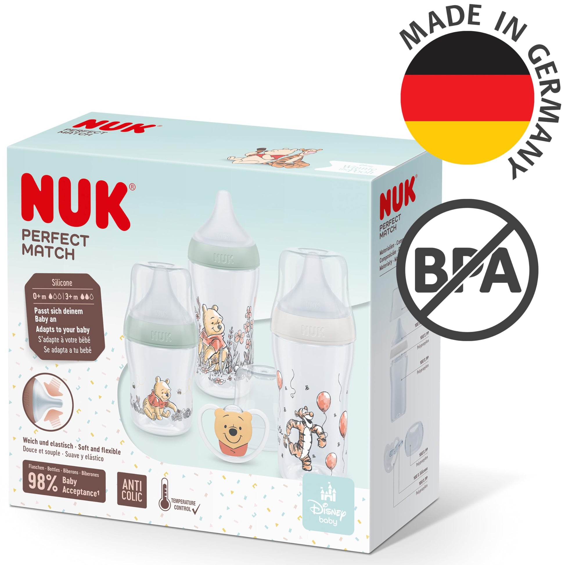 NUK First Choice+ Babyflaschen Starter Set | 0–6 Monate | 4 Flaschen mit Temperature Control & Flaschenbox | Anti-Colic Air System | BPA-frei | Disney Winnie Puuh - Meloni2