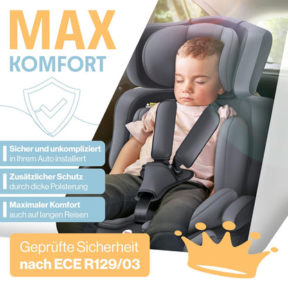 Autokindersitz mit Isofix i-Size R129 100-150cm bis 12 Jahre, Kinderautositz Gruppe 1/2/3, mitwachsender Kindersitz, 5-Punkt-Gurt & höhenverstellbare Kopfstütze, Sitzerhöhung Auto, Schwarz