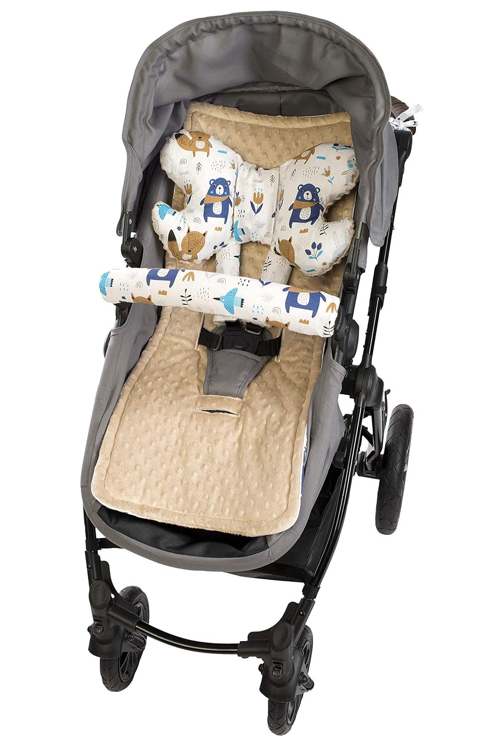 Sitzauflage Kinderwagen Buggy Baby Sommer Kindersitz Einlage Universal - 5tgl Gurtpolster + Spielbogen Kinderwagenset Babyschale (Safari mit beige Minky)