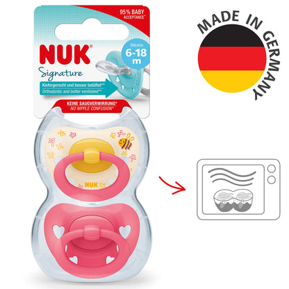NUK Signature Baby Pacifier | 0-6 Months | Soothes 95% of Babies | BPA Free Silicone Heart-Shaped Pacifier | With Case | Green Stars | Pack of 2
