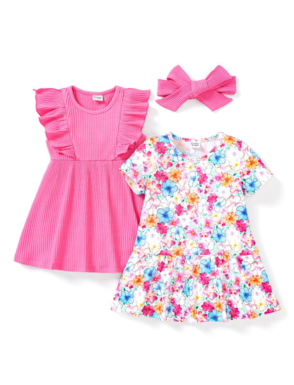PATPAT Baby Mädchen Kleid Set, Packung mit 2 Süßes Sommerkleider Ärmellos Rüschen Prinzessin Kleider Kurze Ärmel, Kleinkind A-Linien-Kleid für Hochzeit Geburtstag Party Bankett Urlaub, 3-24 Monate