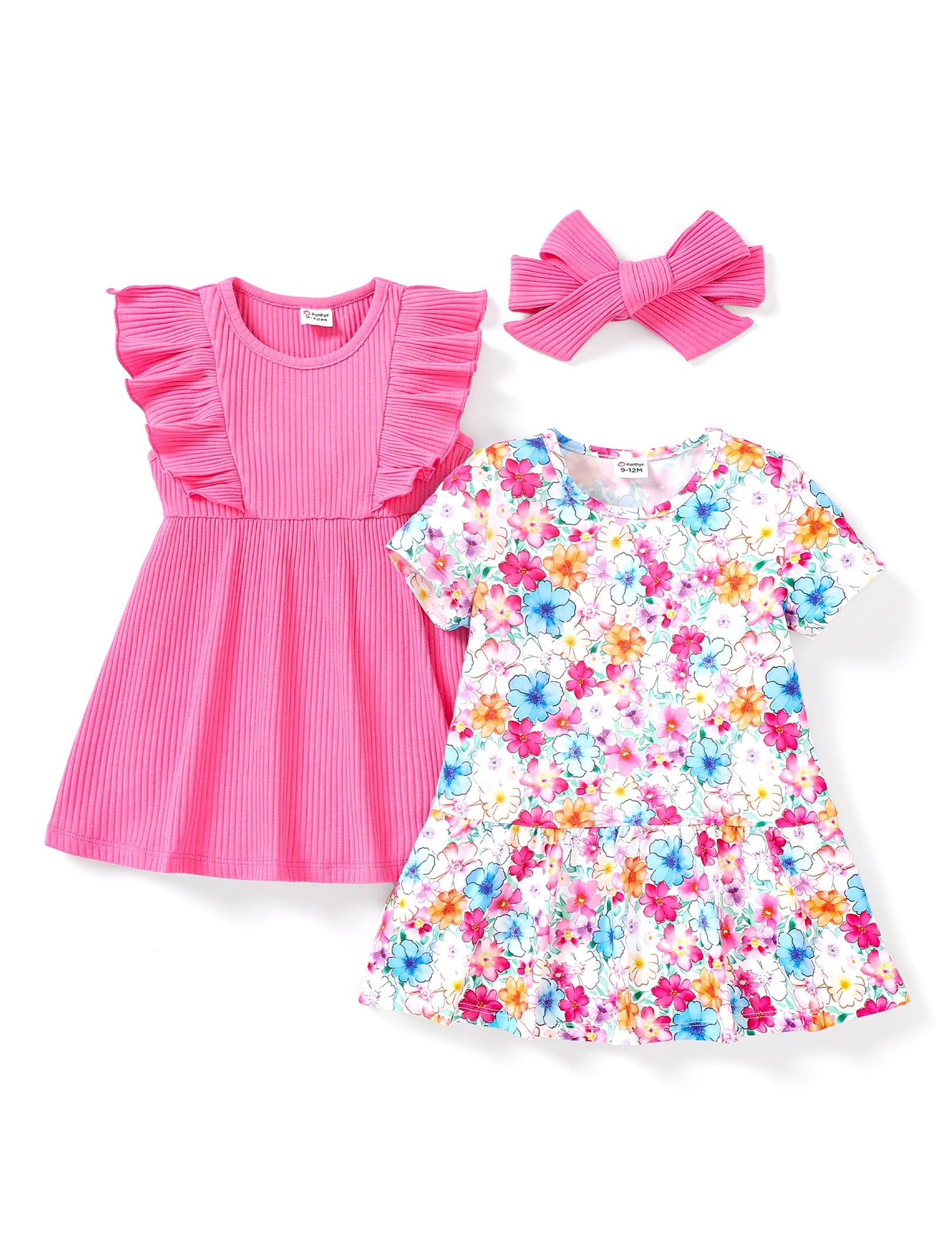PATPAT Baby Mädchen Kleid Set, Packung mit 2 Süßes Sommerkleider Ärmellos Rüschen Prinzessin Kleider Kurze Ärmel, Kleinkind A-Linien-Kleid für Hochzeit Geburtstag Party Bankett Urlaub, 3-24 Monate