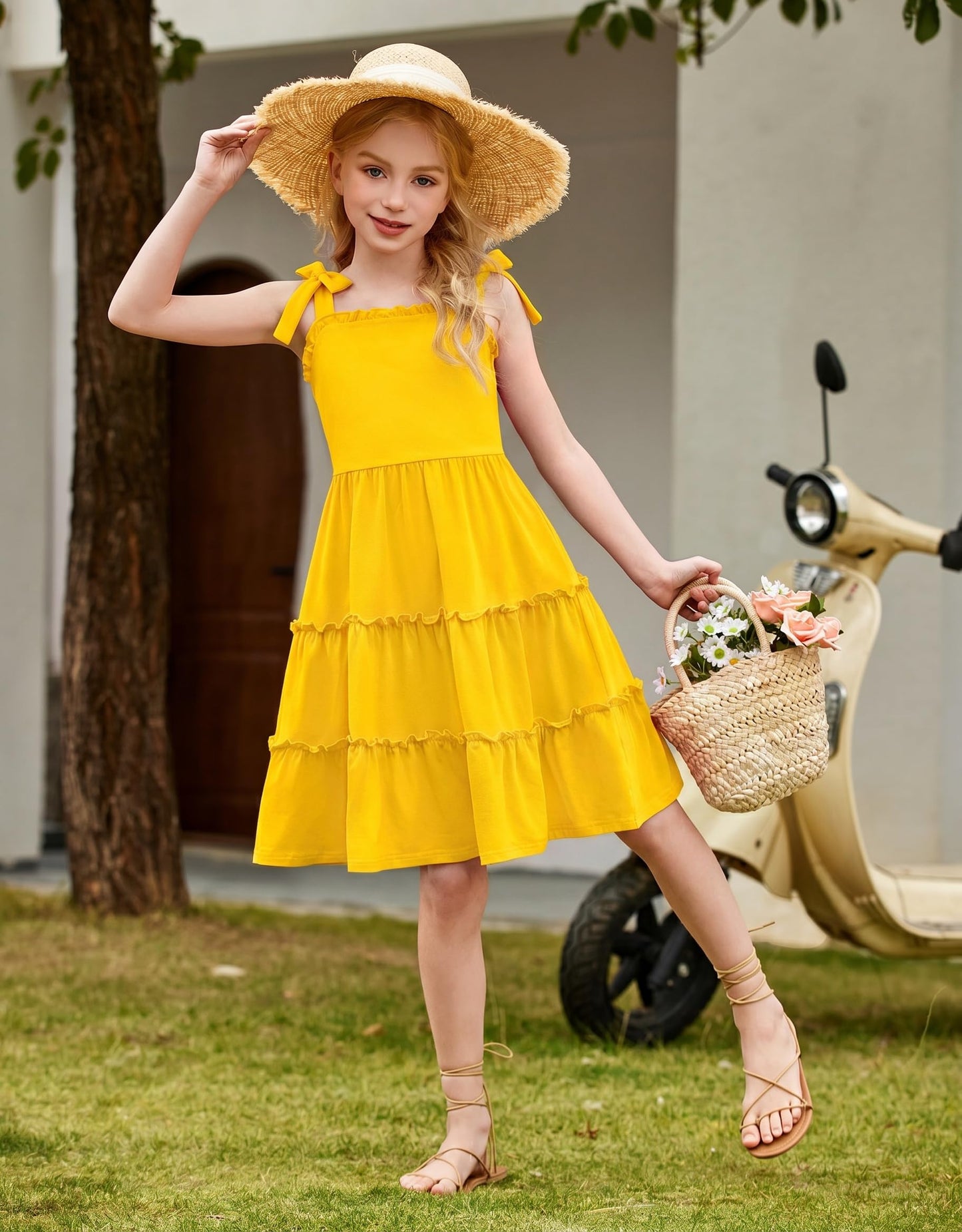 Arshiner Mädchen Kleider Fliege Trägerkleid Kinder Baumwolle Sommerkleid Ärmelloses A-Linie Swingkleid Schulterfrei Elegant Freizeitkleid für Mädchen 5-15 Jahre