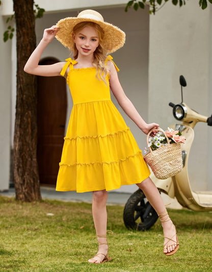 Arshiner Mädchen Kleider Fliege Trägerkleid Kinder Baumwolle Sommerkleid Ärmelloses A-Linie Swingkleid Schulterfrei Elegant Freizeitkleid für Mädchen 5-15 Jahre