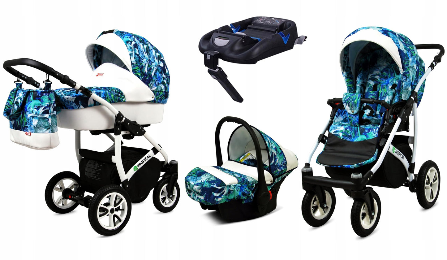 BabyLux® Bambimo Pushchair Set 3 in 1 - Tropical - incl. Baby Carrycot, Buggy Sports Seat, Car Seat - Pram Set - Combination Pram with Changing Bag, Rain Cover etc.