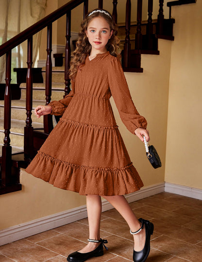 Arshiner Dress Girls Festive Flounce V-Neck Long Sleeve Dress Swiss Dot Chiffon Dress Children Tiered Dress A-Line Party Dress Wedding Princess Dress Swing Skater Dress 5-12 Years 