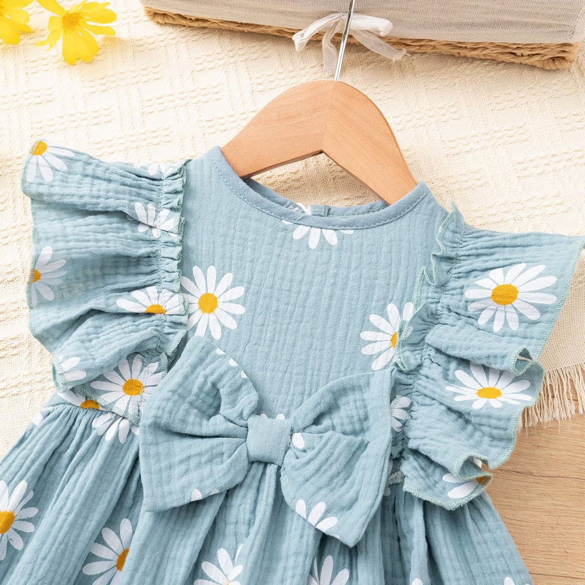 Kleinkinder Mädchen Sommerkleid Rüschenärmel Rundhalsausschnitt Knopfleiste Kleid lässiges Herbst A-Linien Party Kinderkleider 2-6 Jahre