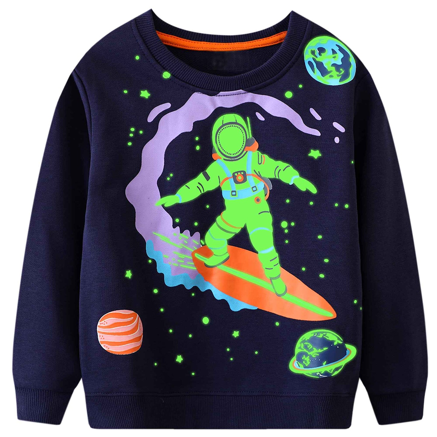 FILOWA Sweatshirt Kinder Junge Leuchtet im Dunkeln Dinosaurier Sweatshirt Astronauten Drucken Pullover Sport Marineblau Langarm Warm Baumwolle Top Jogging Sweatshirt 2-7 Jahre,Gr.92-122