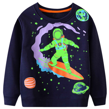 FILOWA Sweatshirt Kinder Junge Leuchtet im Dunkeln Dinosaurier Sweatshirt Astronauten Drucken Pullover Sport Marineblau Langarm Warm Baumwolle Top Jogging Sweatshirt 2-7 Jahre,Gr.92-122
