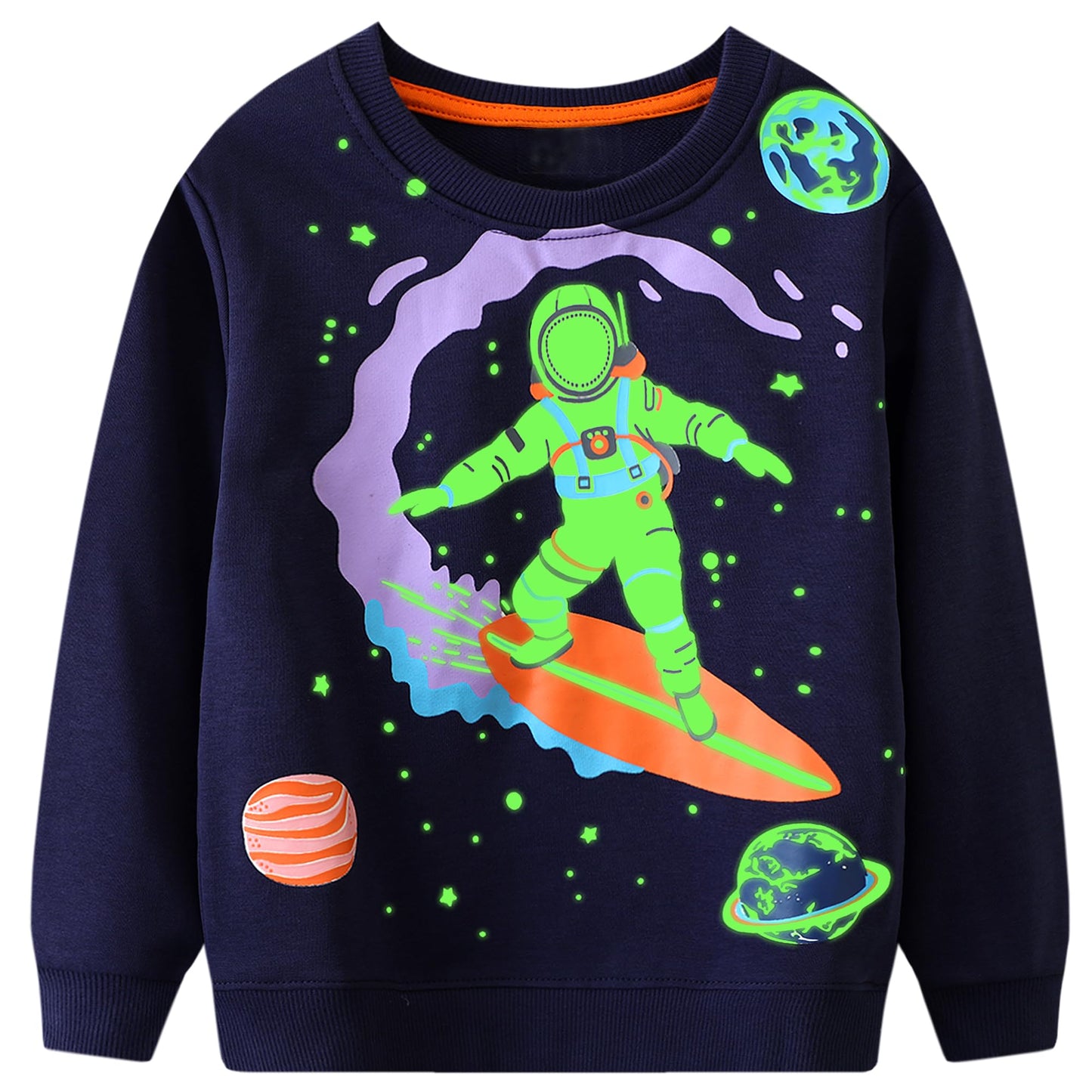 FILOWA Sweatshirt Kinder Junge Leuchtet im Dunkeln Dinosaurier Sweatshirt Astronauten Drucken Pullover Sport Marineblau Langarm Warm Baumwolle Top Jogging Sweatshirt 2-7 Jahre,Gr.92-122