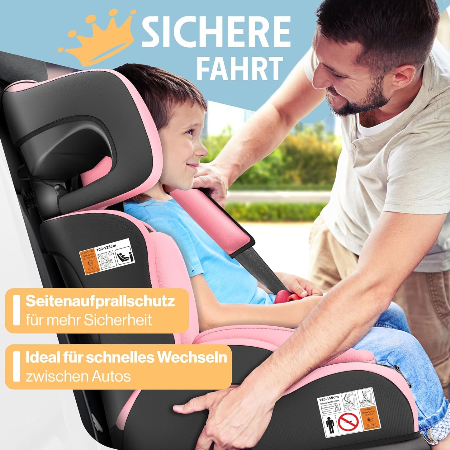 Autokindersitz mit Isofix i-Size R129 100-150cm bis 12 Jahre, Kinderautositz Gruppe 1/2/3, mitwachsender Kindersitz, 5-Punkt-Gurt & höhenverstellbare Kopfstütze, Sitzerhöhung Auto, Schwarz