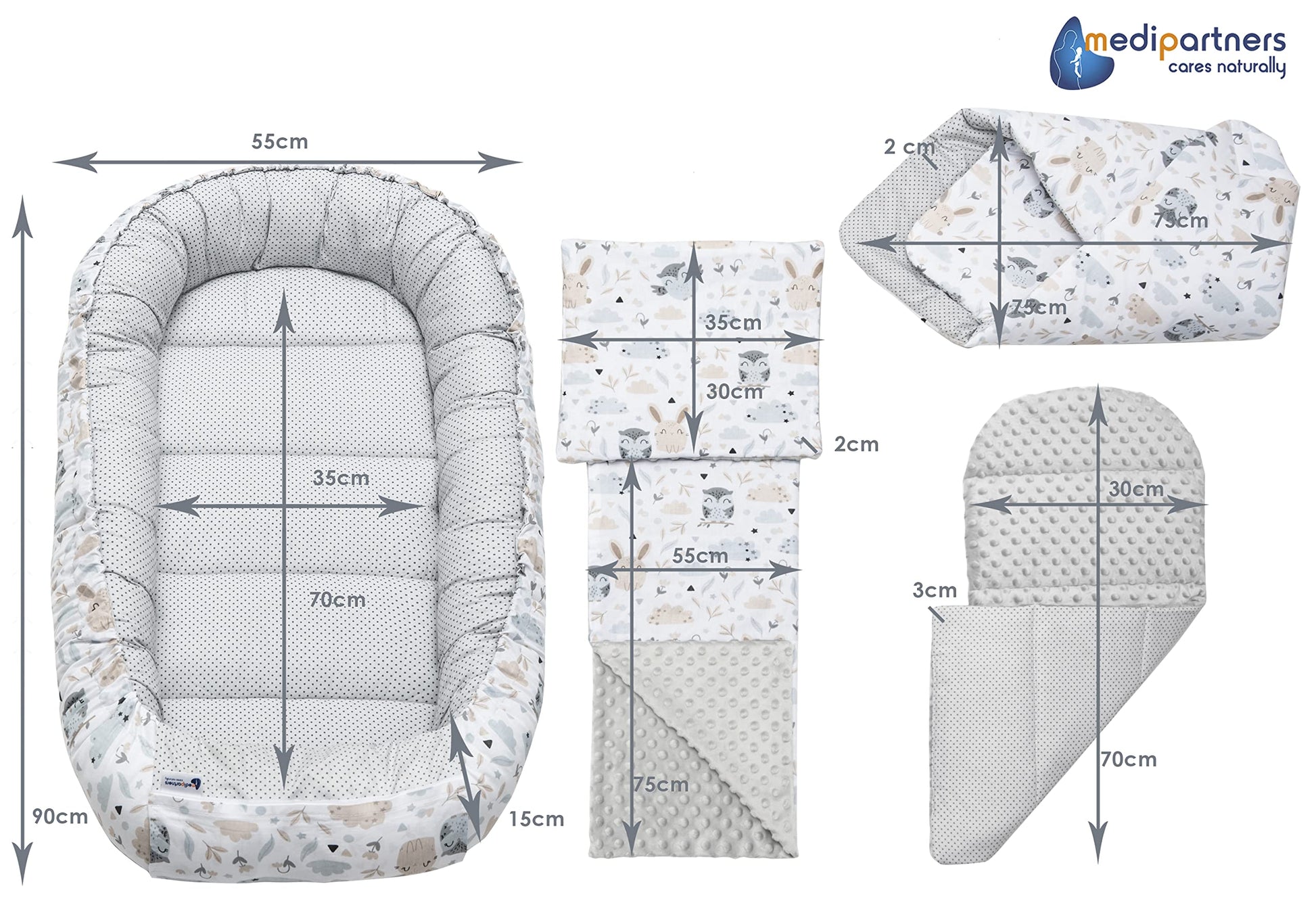 Medi Partners Babynestchen Babynest Set 100x60x15 Kuschelnest 5 teilig herausnehmbarer Einsatz Kokon Nestchen Babys Neugeborene 100% Baumwolle (REH mit Grauem Minky) - Meloni2