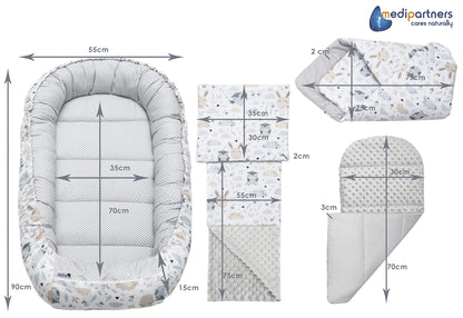 Medi Partners Babynestchen Babynest Set 100x60x15 Kuschelnest 5 teilig herausnehmbarer Einsatz Kokon Nestchen Babys Neugeborene 100% Baumwolle (REH mit Grauem Minky) - Meloni2