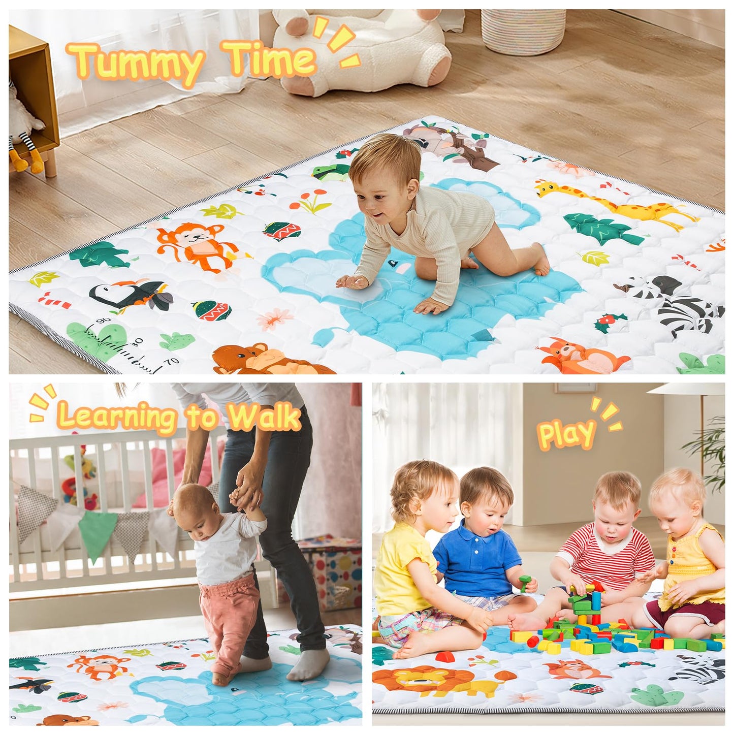 Funsland crawling carpet for babies, non-slip baby play mat, non-toxic 127x127cm, cotton animal crawling mat for babies, foldable with a height ruler, children's play mat for indoors/outdoors/fences 