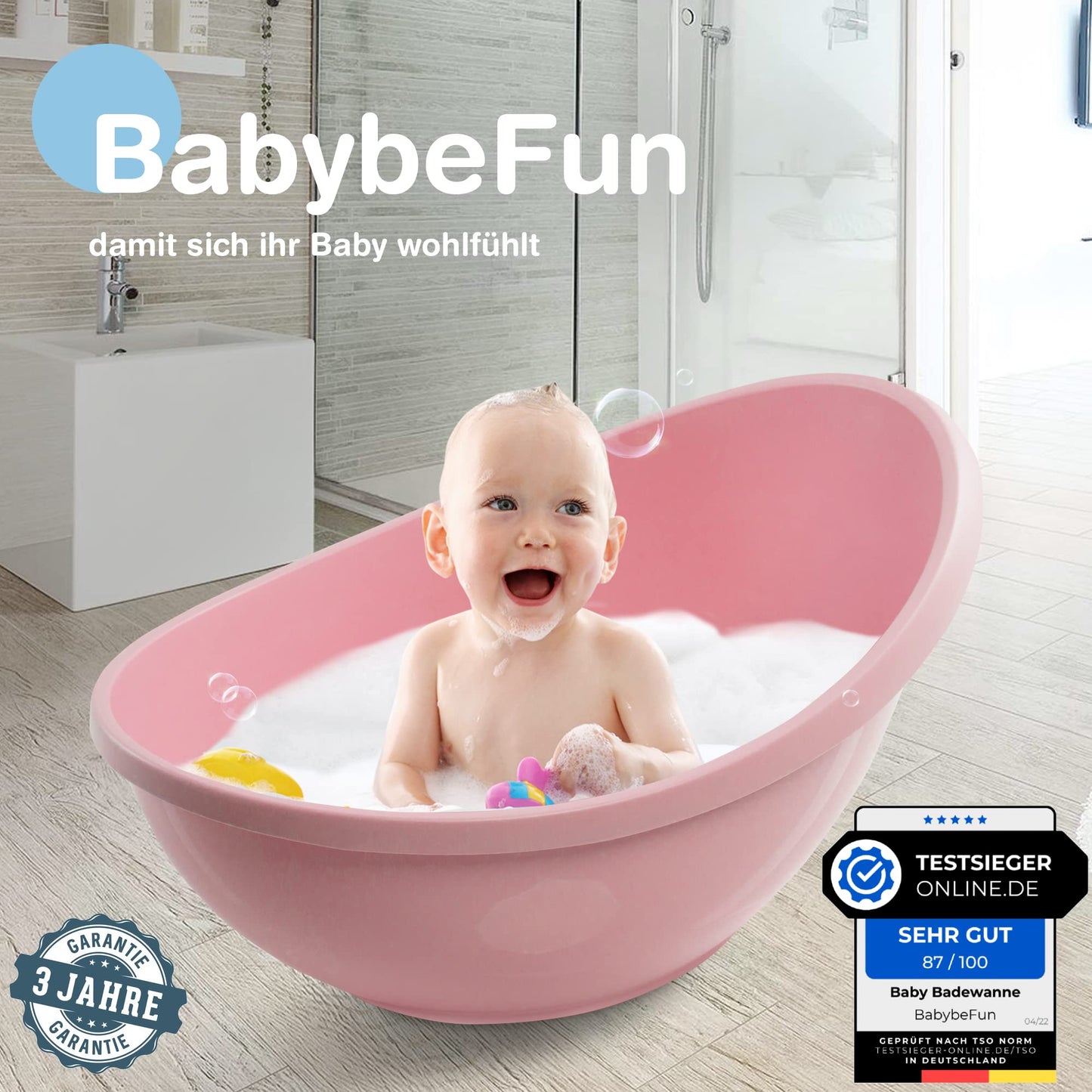 BabybeFun Baby Badewanne mit Badewanneneinsatz für Neugeborene [Testsieger] Rutschfeste Babybadewanne für Babys und Kleinkinder [0-12 Monate] Babywanne für Dusche Badewanne Weiß