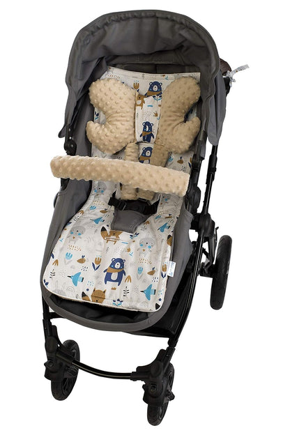 Sitzauflage Kinderwagen Buggy Baby Sommer Kindersitz Einlage Universal - 5tgl Gurtpolster + Spielbogen Kinderwagenset Babyschale (Safari mit beige Minky)