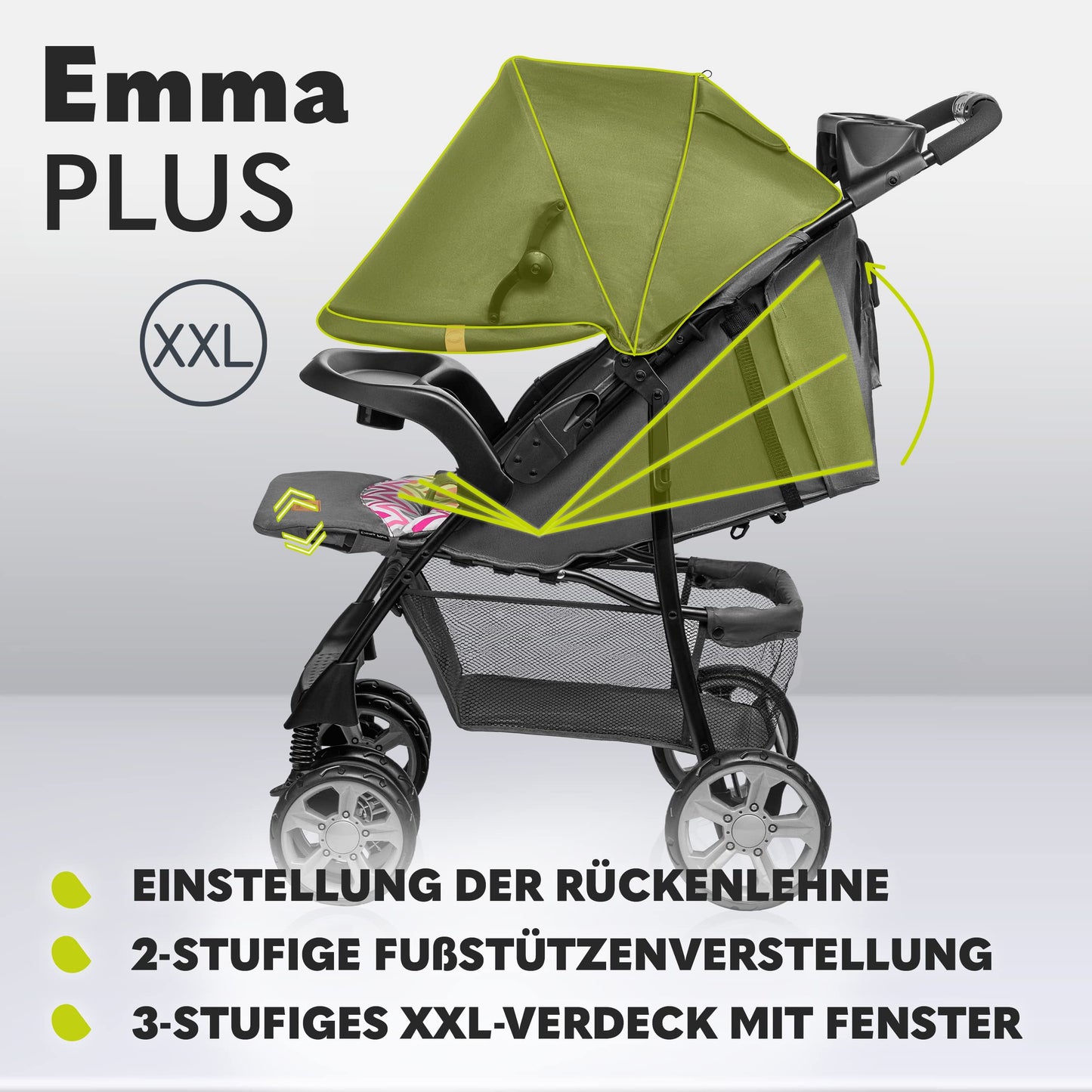 LIONELO Emma Plus Kinderwagen bis zu 15 kg, Kindersportwagen, leicht modern klein Buggy mit Liegeposition, zusammenklappbar, große Räder, großer Korb, Tasche Stone