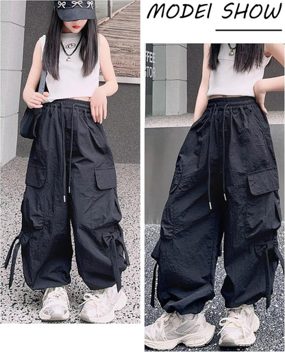 Cargo Hose Mädchen Freizeithose Baggy Hip Hop Hose mit Gummibund Schleife Leicht Dünn Sommerhose 4 Taschen Freizeit Streetwear Kinder 5-14 Jahre