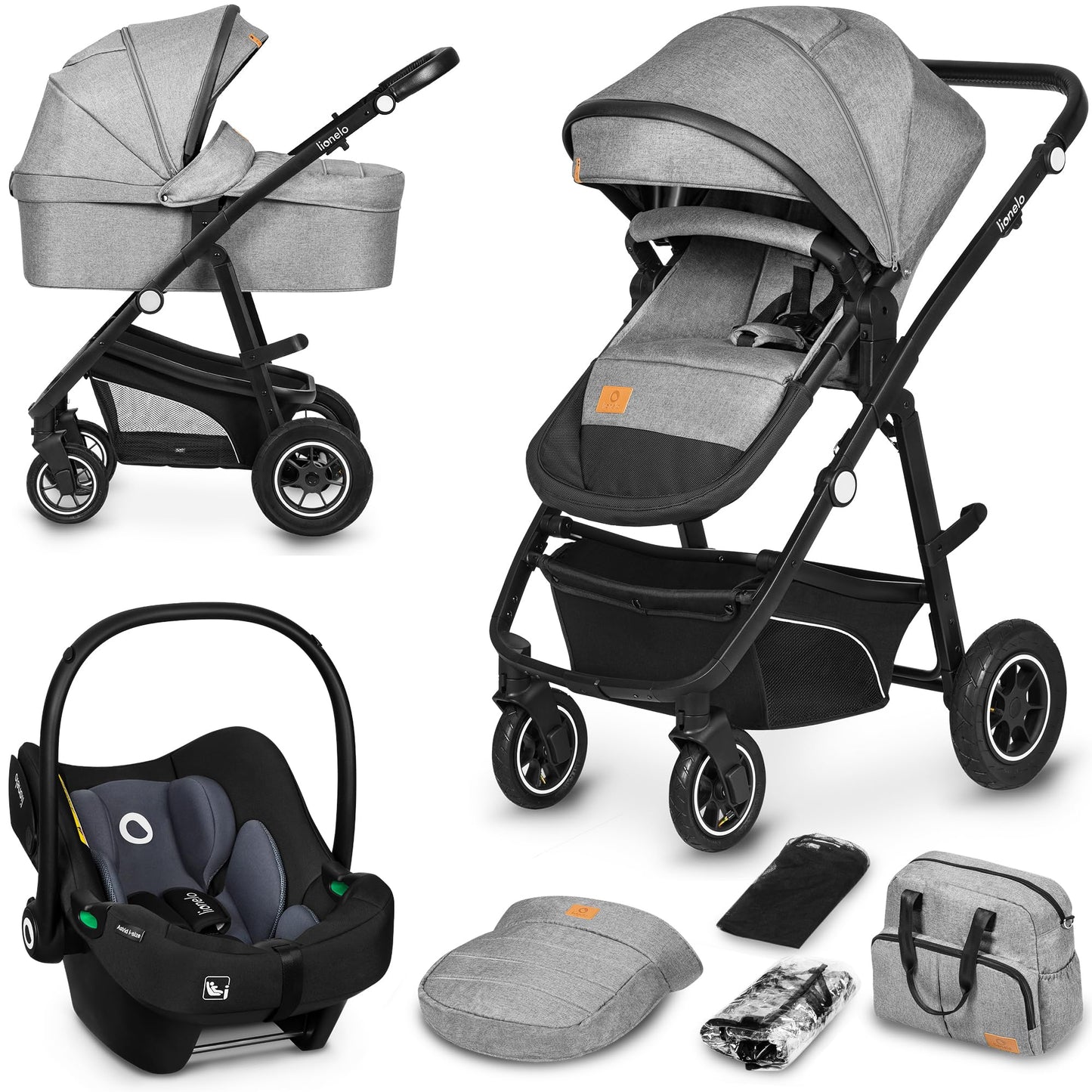 LIONELO BIANKA Children's Pushchair 3-in-1 (22 kg) Baby Carrycot (9 kg) Baby Seat (13 kg), Foldable, Travel System, Backrest Adjustment, Wheels 360o Shock Absorber, Hood XXL