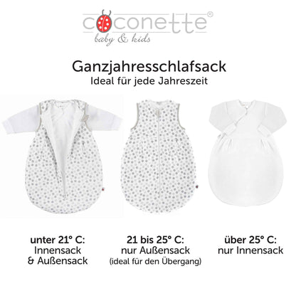 Coconette Circle All-Year Baby Sleeping Bag - 2-Piece: Long-sleeved inner bag and lined outer bag for summer and winter. 100 % cotton. White