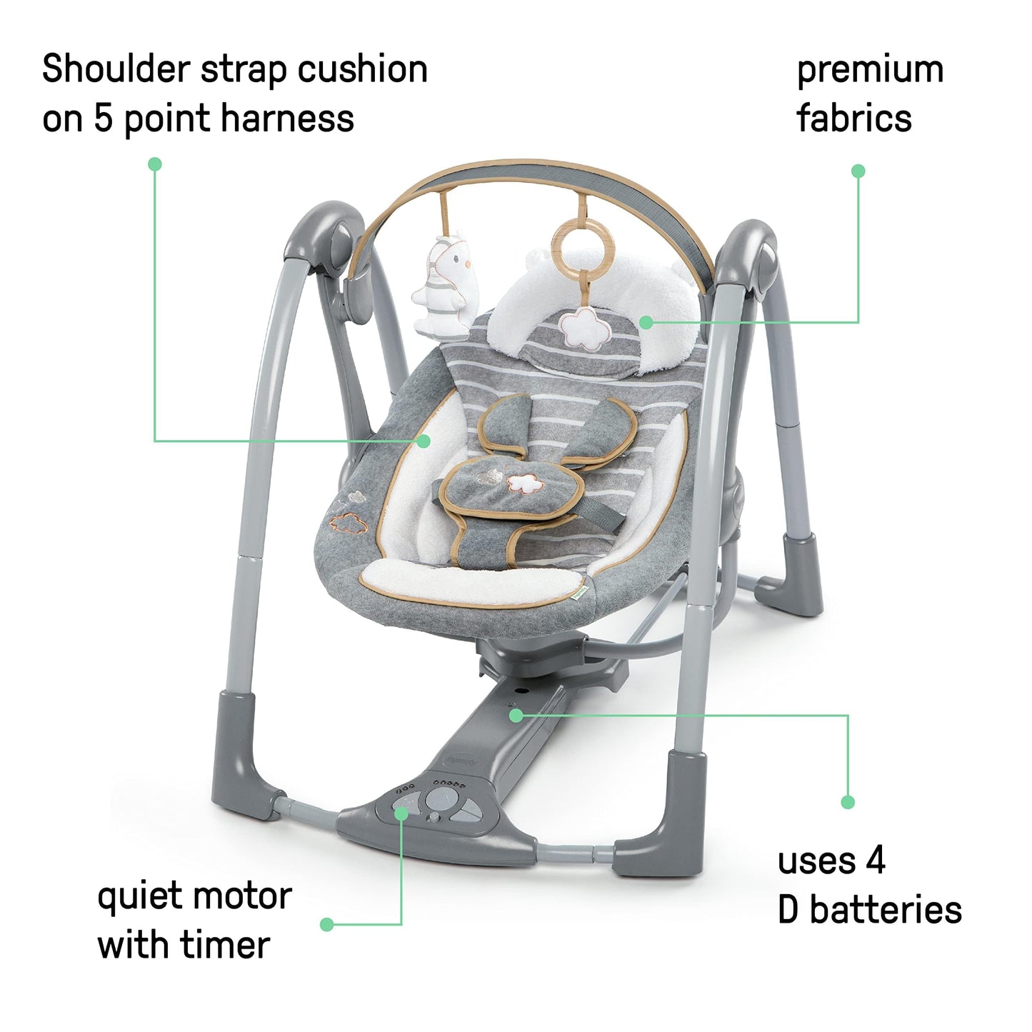 Ingenuity Hugs & Hoots zusammenklappbare & tragbare Babyschaukel, 5 Schaukelgeschwindigkeiten, 8 Melodien, 3 Naturgeräusche, Lautstärkeregulierung und Spielzeugbügel, ab der Geburt bis 9kg